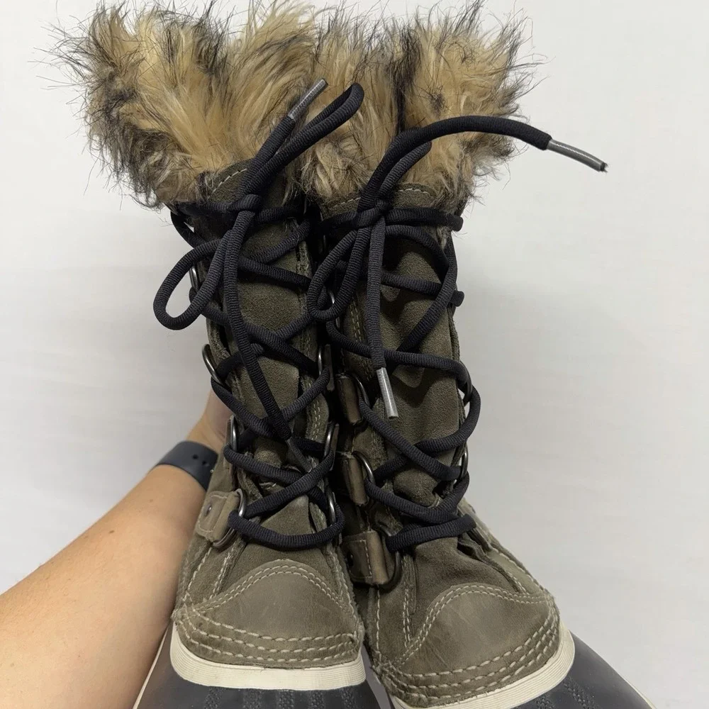 Sorel Waterproof Winter Boots Womens 7 Olive Leather Faux Fur‎ Tall Snow Boots